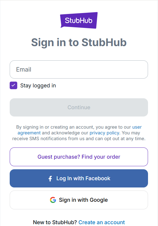StubHub login page