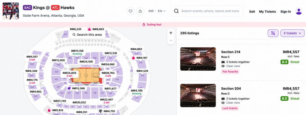 StubHub seat booking page